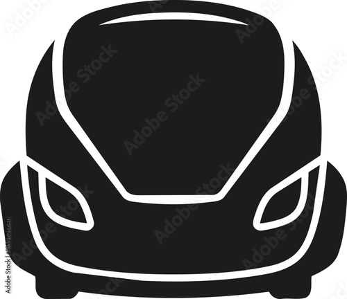Sleek modern car front view black and white icon.