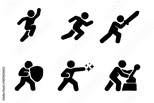 Player Action Icons. Solid vector icons of player actions: jump, run, attack, defend, cast, interact No text, No labels, isolated