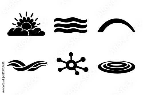 Calm Emergence Icons. Solid style icons of Calm Emergence: sky bloom, fog line, soft arc, flowing thread, luminous node, gentle