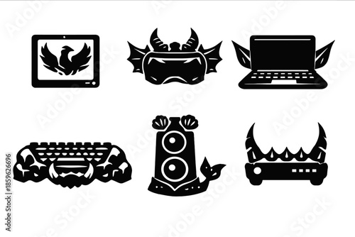 Legendary Device Icons. Solid style icons of Legendary Devices: phoenix tablet, dragon VR headset, elf laptop, troll keyboard,