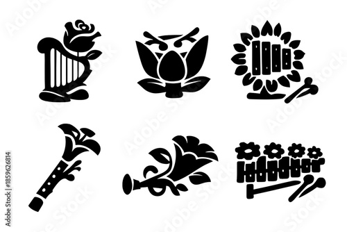 Garden Sound Icons. Solid style icons of Garden Sounds: rose harp, tulip drum, sunflower xylophone, lily flute, vine trumpet,