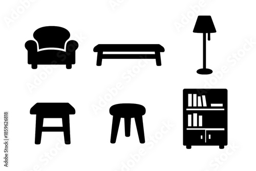 Minimal Furniture Icons. Solid vector icons of minimal furniture: armchair, coffee table, floor lamp, side table, stool, bookshelf