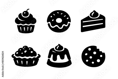 Whimsical Dessert Icons. Solid vector icons of whimsical desserts: cupcake, donut, cake slice, tart, pudding, cookie No text, No