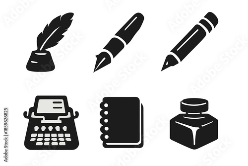 Writing Tools Icons. Solid vector icons of writing tools: quill, pen, pencil, typewriter, notebook, ink bottle No text, No labels,