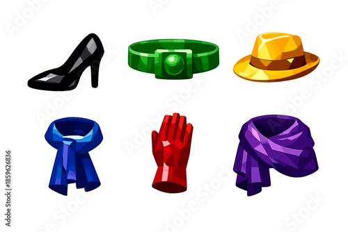 Stone Couture Icons. Solid style icons of Stone Couture: onyx shoe, jade belt, topaz hat, sapphire scarf, garnet glove, amethyst