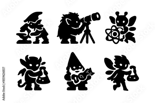 Scientific Folklore Icons. Solid style icons of Scientific Folklore: microscope elf, telescope troll, atom sprite, lab flask imp,