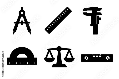 Precise Tool Icons. Solid vector icons of precise tools: compass, ruler, caliper, protractor, scale, level No text, No labels,