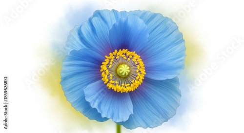 Beautiful blue poppy flower with yellow center