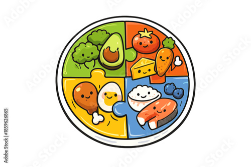 Colorful Doodle Meal. Doodle-style vector icon of a balanced meal plate where colorful nutrient segments assemble like a puzzle,