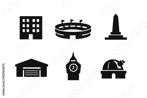 Urban Structure Icons. Solid style icons of Urban Structures: apartment square, stadium oval, monument triangle, warehouse