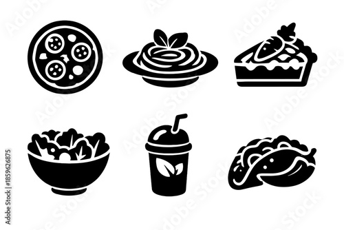 Garden Food Icons. Solid style icons of Garden Foods: tomato pizza, basil pasta, carrot pie, lettuce salad, spinach smoothie,