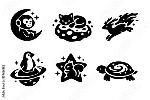 Stellar Wildlife Icons. Solid style icons of Stellar Wildlife: monkey moon, cat asteroid, deer comet, penguin planet, squirrel