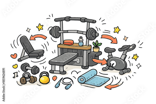 Transforming Home Gym. Doodle-style vector icon of a transformable home gym beginning to change, arrows and motion lines showing