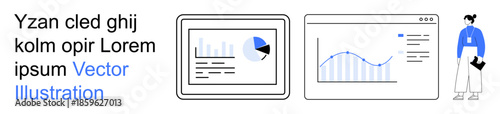 Data analysis, business metrics, team collaboration, analytics, education, report creation. Screens displaying graphs and charts with a person holding documents. Data analysis and business metrics