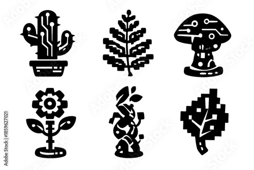 Futuristic Plant Icons. Solid style icons of Futuristic Plants: techno cactus, digital fern, cyber mushroom, robotic flower, smart