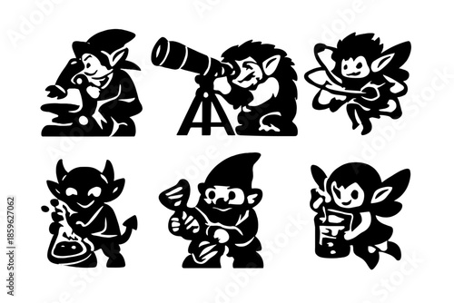 Scientific Folklore Icons. Solid style icons of Scientific Folklore: microscope elf, telescope troll, atom sprite, lab flask imp,