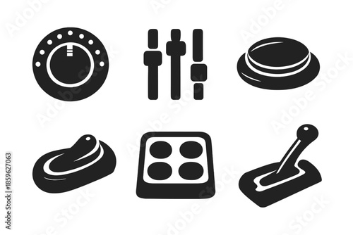 Interactive Control Icons. Solid vector icons of control and interaction: knob, slider, button, switch, pad, lever No text, No
