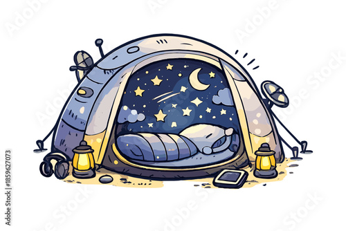 Serene Sleep Icon. Doodle-style vector icon of a digital sleep camp in perfect rest mode, tent capsule filled with a serene star
