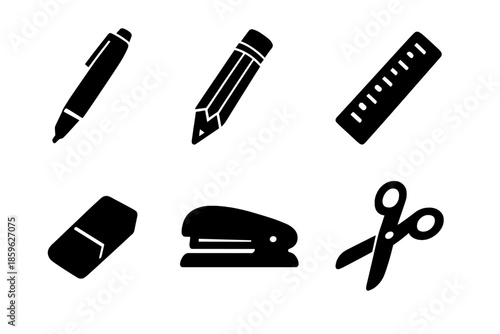 Office Tools Icons. Solid vector icons of office tools: pen, pencil, ruler, eraser, stapler, scissors No text, No labels, isolated