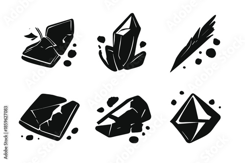 Fragmented Objects Icons. Solid vector icons of fragmented objects: broken glass, crystal shard, splinter, tile piece, stone