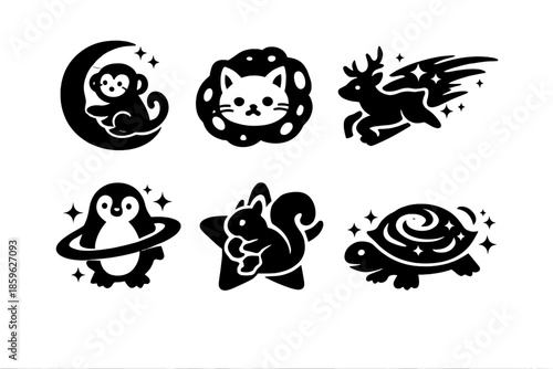 Stellar Wildlife Icons. Solid style icons of Stellar Wildlife: monkey moon, cat asteroid, deer comet, penguin planet, squirrel