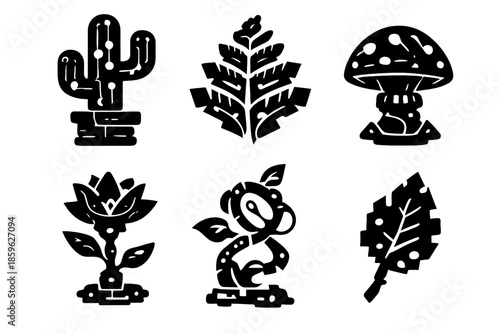 Futuristic Plant Icons. Solid style icons of Futuristic Plants: techno cactus, digital fern, cyber mushroom, robotic flower, smart