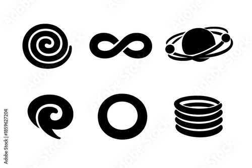 Circular Motion Icons. Solid vector icons of circular motion: spiral, loop, orbit, swirl, ring, coil No text, No labels, isolated