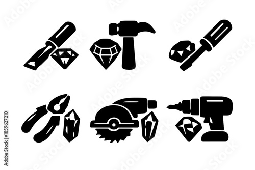 Gems and Tools Icons. Solid style icons of Gem Tools: ruby chisel, emerald hammer, sapphire screwdriver, amethyst pliers, quartz