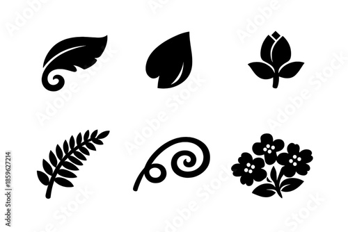 Floral Vector Icons. Solid vector icons of delicate petals and leaves: curled leaf, falling petal, bud, fern frond, vine tendril,