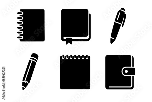 Writing Tools Icons. Solid vector icons of writing tools: notebook, journal, pen, pencil, sketchpad, planner No text, No labels,