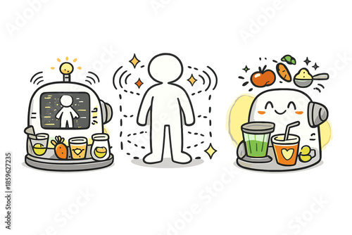 Smart Nutrition Machine. Doodle-style vector icon of a smart nutrition machine scanning the body and suggesting a perfect blend,