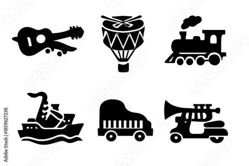 Musical Vehicle Icons. Solid vector icons of musical vehicles: guitar plane, drum balloon, violin train, saxophone ship, piano car