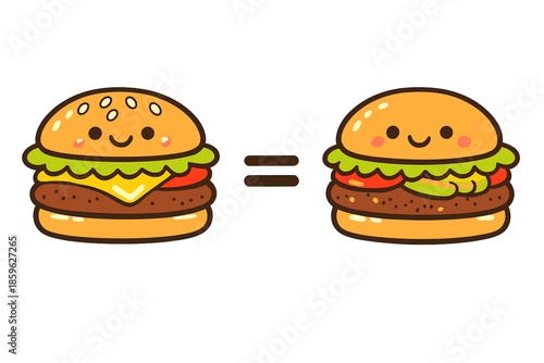 Equal Smiling Burgers. Doodle-style vector icon of classic burger and vegan burger alternative, both smiling and balanced with an