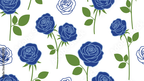 Elegant blue roses with green leaves create a charming floral pattern on a white background.