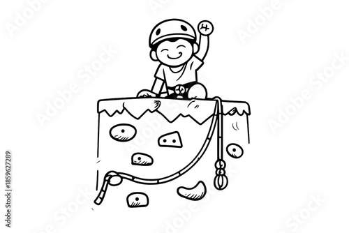 Climber's Victory Doodle. Doodle-style vector icon of career summit reached, climber smiling at the top of the wall, project holds