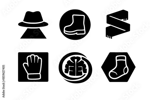 Geometric Clothing Icons. Solid style icons of Clothing + Geometry: hat triangle, boot circle, scarf zigzag, glove square, jacket
