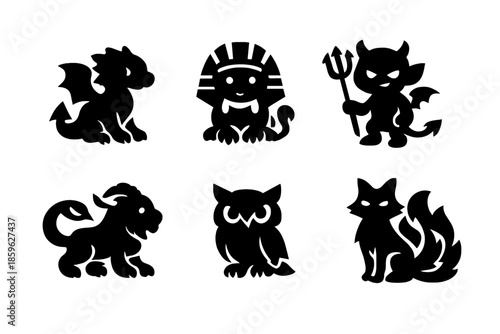 Mythical Pet Icons. Solid vector icons of mythical pets and familiars: mini-dragon, baby sphinx, imp, tiny chimera, owl familiar,