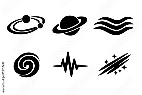 Abstract Cosmic Patterns. Solid vector icons of abstract cosmic patterns: orbit, ring, wave, spiral, pulse, light streak No text,