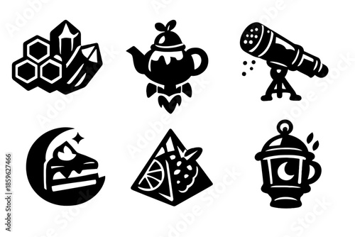 Sweet Savory Icons. Solid style icons of Sweet & Savory: honeycomb crystal, tea rocket, spice jar telescope, cake slice moon,