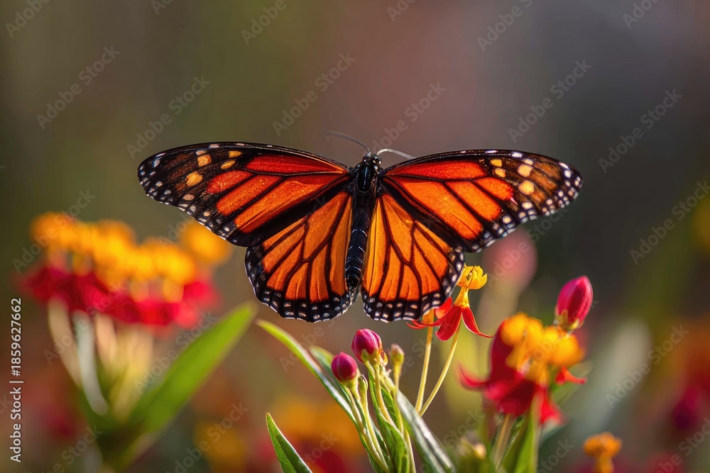 Fototapeta premium Monarch butterfly with orange and black wings perched on colorful flowers