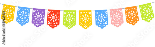 Colorful papel picado banners strung on line. Festive Mexican paper flags for celebrations like Cinco de Mayo or Day of the Dead.