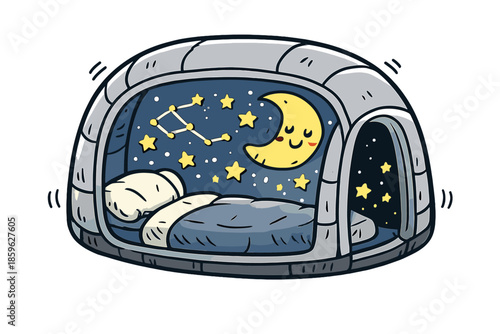 Dreamy Sleep Capsule. Doodle-style vector icon of a sleep capsule tent with soundproof walls, inside showing twinkling