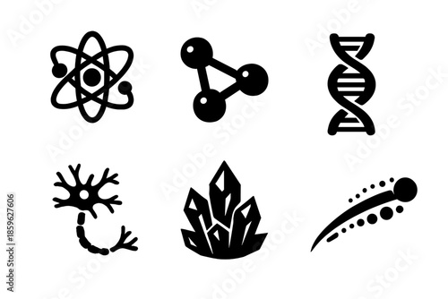 Science Icon Set. Solid vector icons of abstract science effects: atom, molecule, DNA strand, neuron, crystal shard, particle
