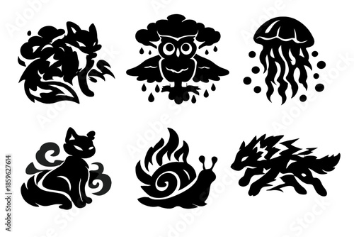 Elemental Fantasy Animals. Solid style icons of Elemental Fantasy Animals: storm fox, drizzle owl, hail jellyfish, mist cat,