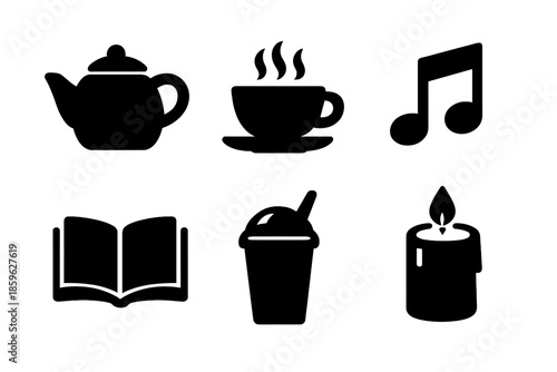 Relaxation Icons Set. Solid vector icons of relaxation and breaks: kettle, tea cup, music note, book, smoothie, candle No text, No