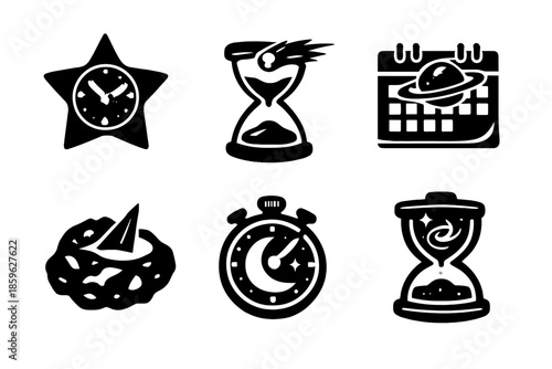 Cosmic Time Icons. Solid style icons of Cosmic Time: star clock, comet hourglass, planet calendar, moon stopwatch, asteroid