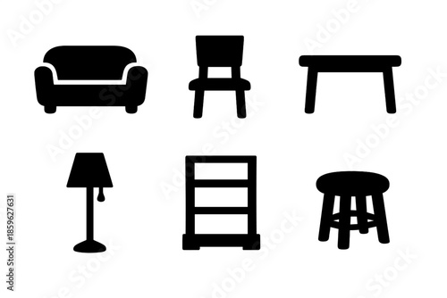 Household Items Icons. Solid vector icons of household items: sofa, chair, table, lamp, shelf, stool No text, No labels, isolated