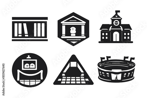 Geometric Public Space Icons. Solid style icons of Public Spaces: library rectangle, museum hexagon, town hall pentagon, gallery