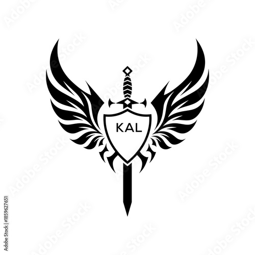 Winged Sword and Shield Logo with Letters, Heraldic Emblem, Black and White Vector Design, KAL  Later Logo,
