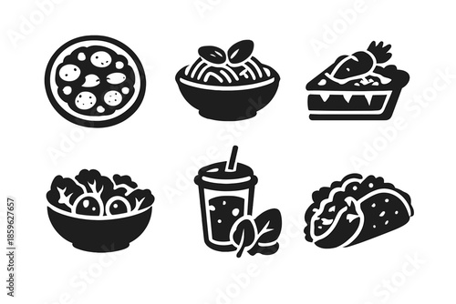 Garden Food Icons. Solid style icons of Garden Foods: tomato pizza, basil pasta, carrot pie, lettuce salad, spinach smoothie,